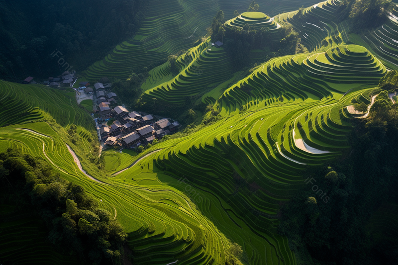 航拍绿色丘陵间梯田和山间村落日出时壮观景象,高清,摄影图,摄影图片,图片大全,摄影图免费下载